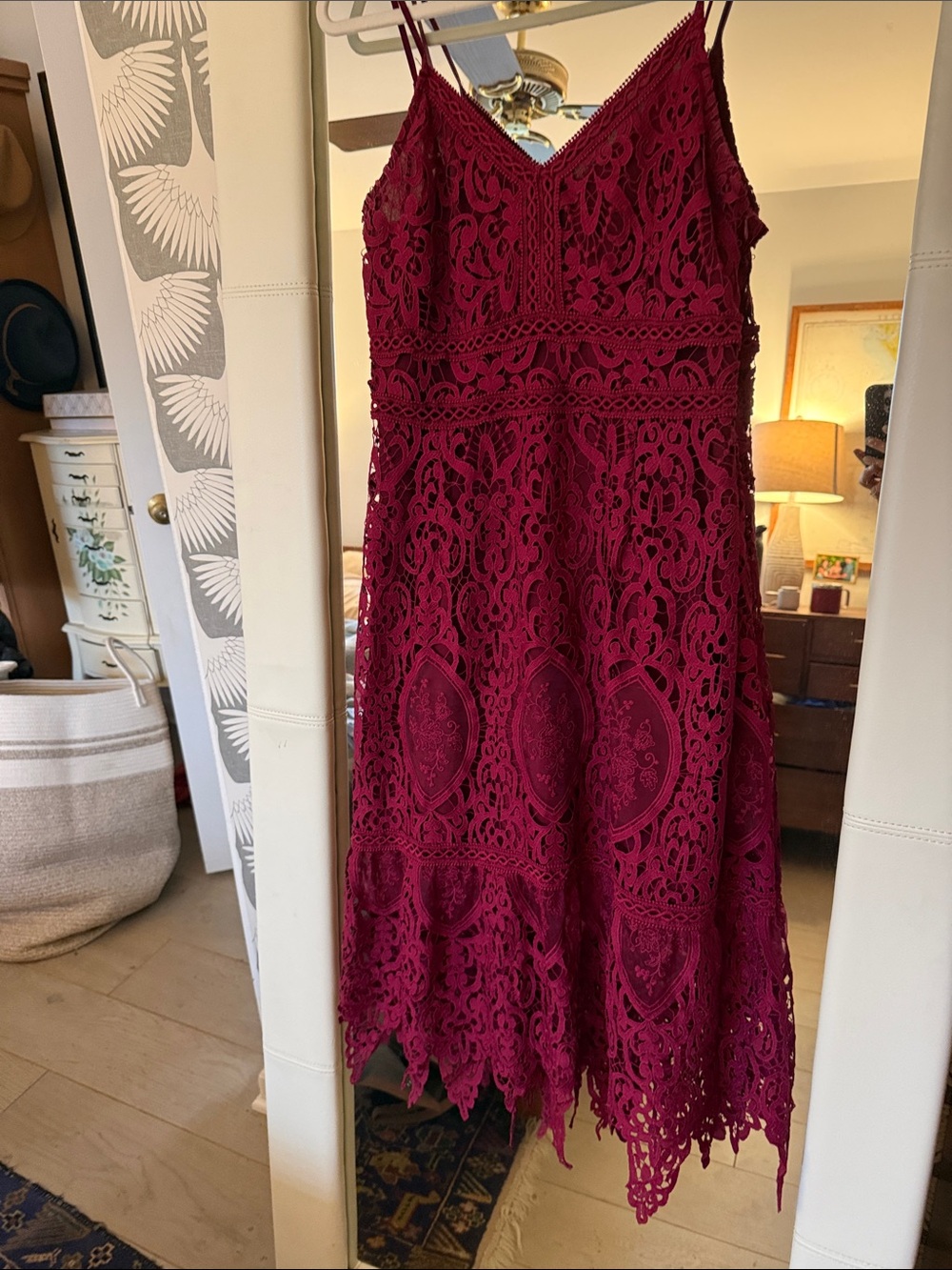 J.O.A. Wine Lace Midi Dress with V-Neck Straps
